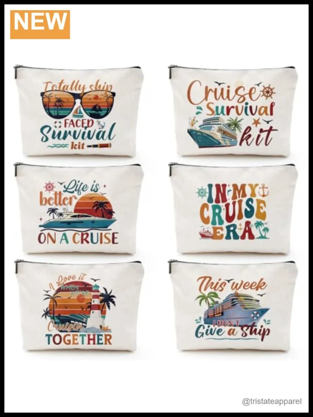 6 Pcs Waterproof Canvas Cosmetic Bags Cruise Essential Gift Set